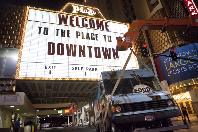 Food truck lifted by Link-Belt Hydraulic Truck Crane onto rooftop Pool at the Plaza in Las Vegas