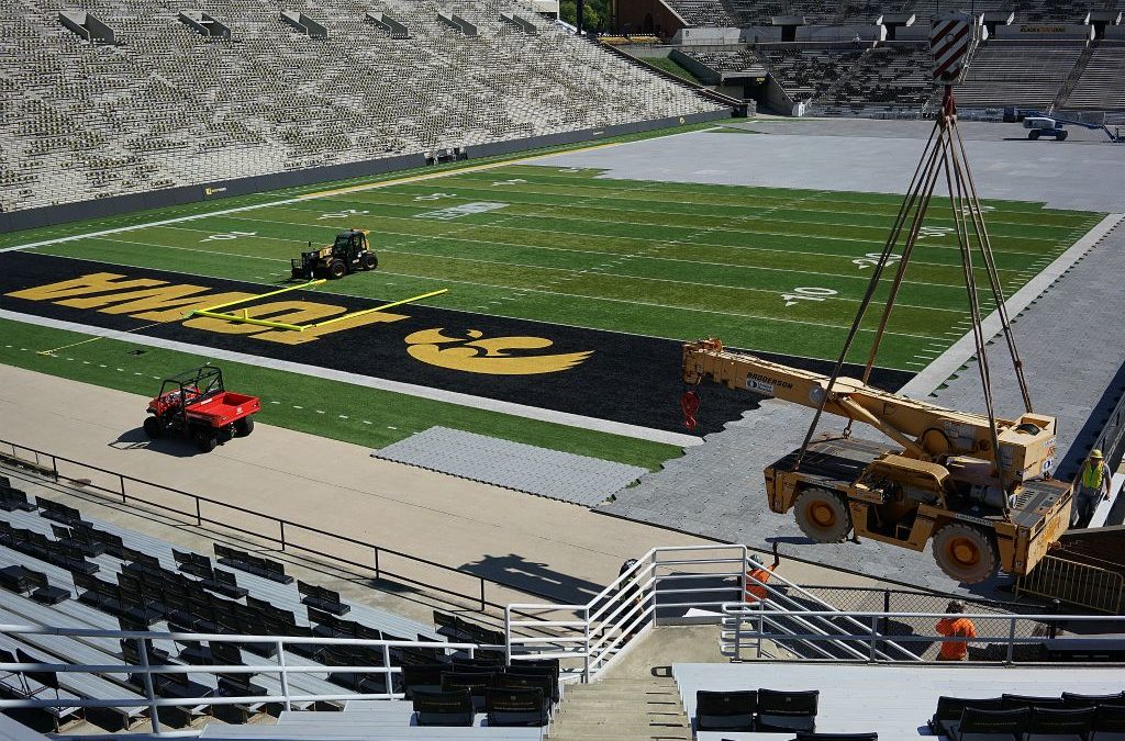 TimeLapse Video of cranes, forklifts, aerial lifts and riggers gearing up for 1st concert ever at Kinnick Stadium at U of Iowa