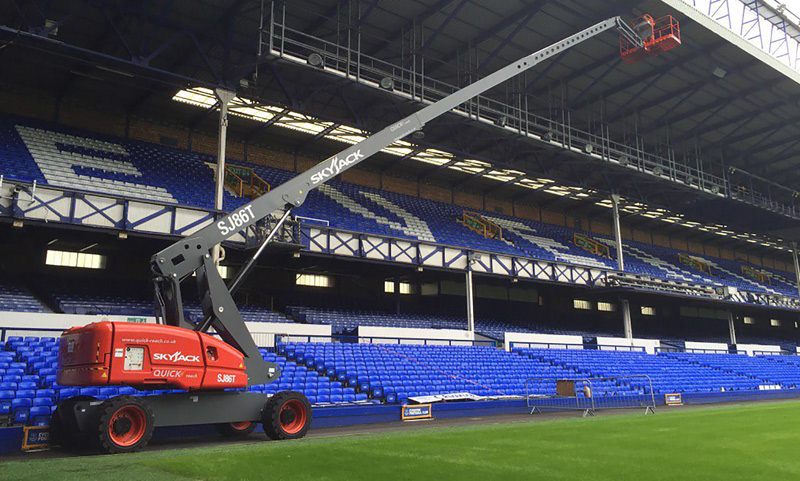 Skyjack scissor lifts and booms carry out repairs and maintenance at UK soccer stadiums.