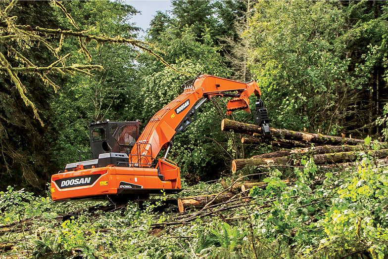 Newest, biggest Doosan DX380LL-5 log loader supplies high swing torque and a long reach