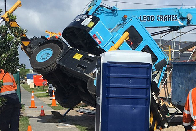 Kato KR-10H Rough Terrain Crane outrigger goes into sinkhole and tips over