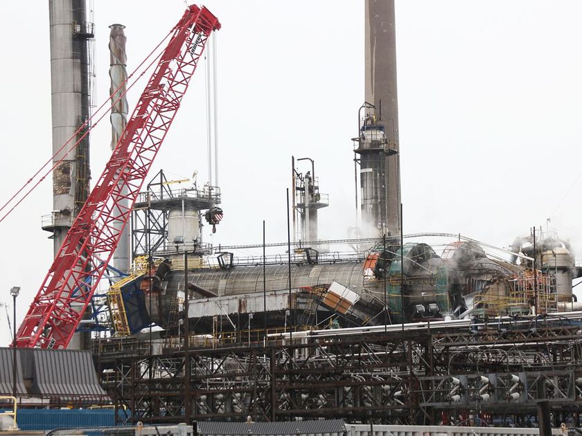 Lattice Boom Crawler Cranes brought in to lift fallen tower at a refinery in Canada