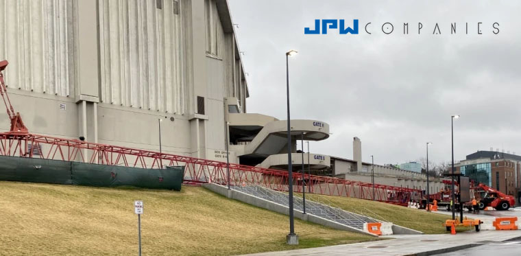 JPW Erectors utilizing Manitowoc Crawler Crane for signage installation at JMA Wireless Dome